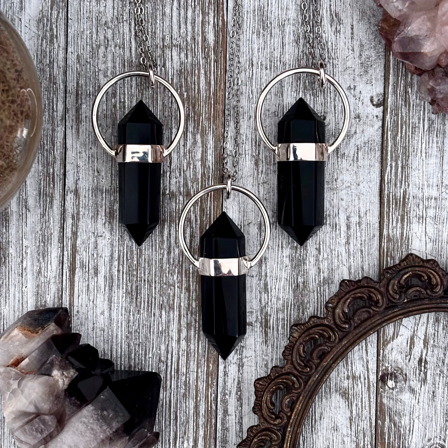 Black Onyx Crystal Point Necklace in Sterling Silver -Designed by FOXLARK Collection / Witchy Necklace Goth Jewelry
