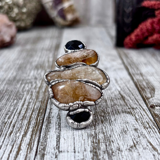 Multi Stone Citrine Black Onyx Ring In Silver Size 9 / Foxlark Collection