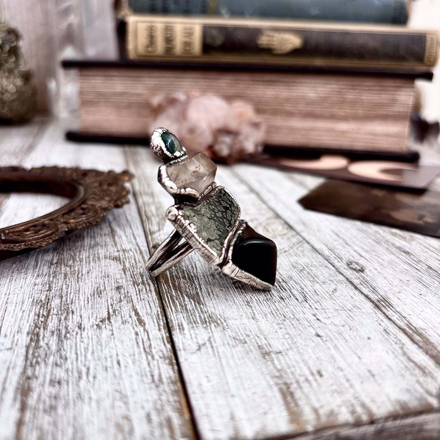 Multi Stone Obsidian Marcasite Clear Quartz Moss Agate Ring In Silver Size 8 / Foxlark Collection