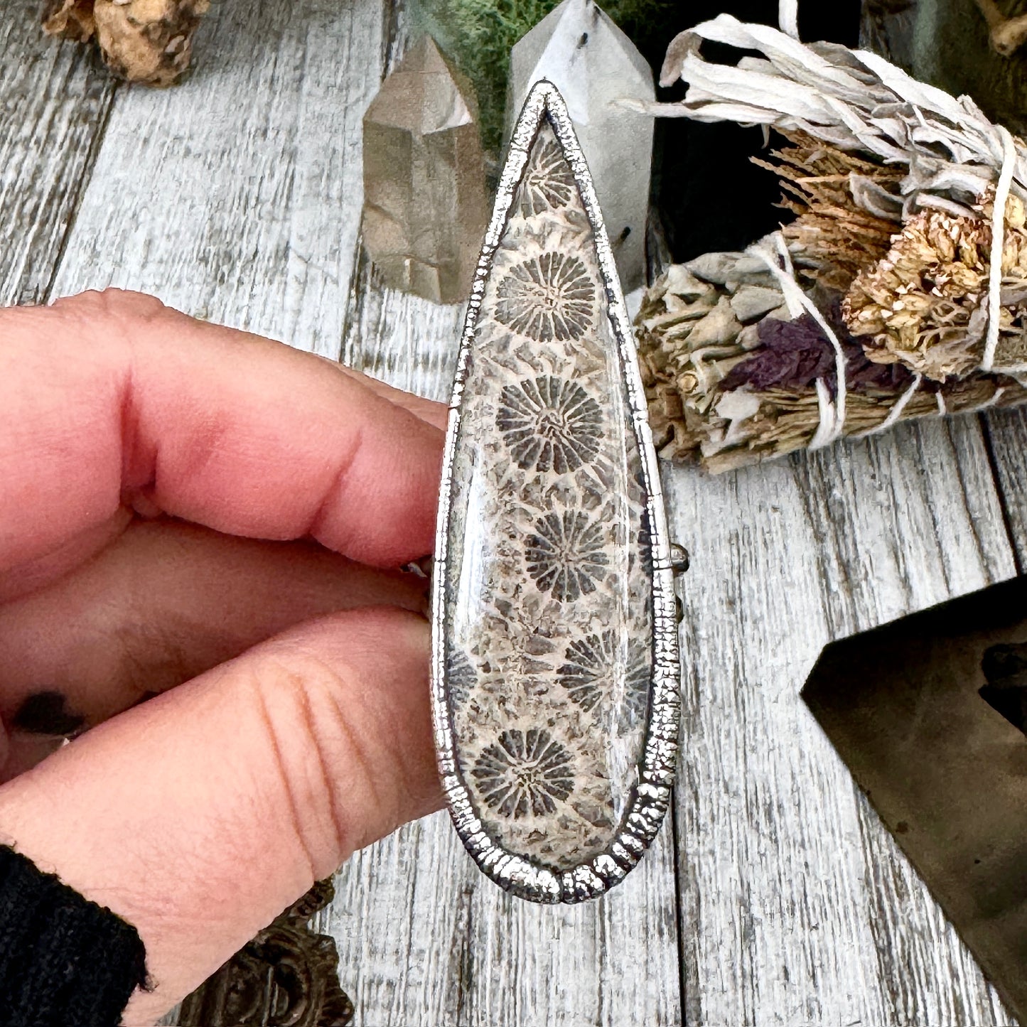 Fossilized coral crystal ring in fine silver, size 9.5, from FOXLARK's one-of-a-kind Big Fossilized Coral Crystal Ring collection.