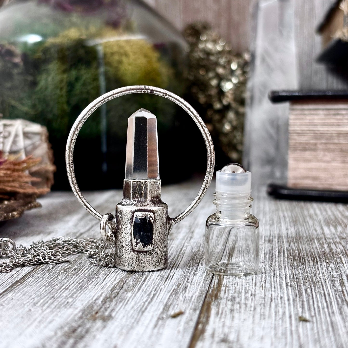 Clear Quartz and Blue Kyanite Crystal Necklace / Silver Rollerball Necklace