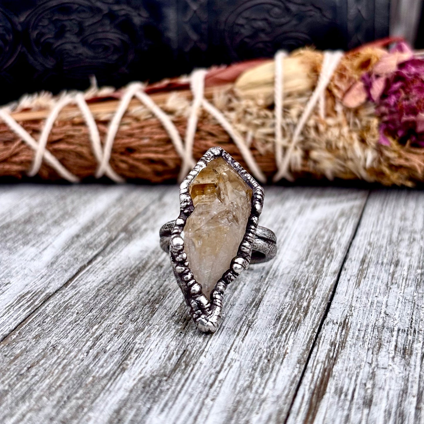 Raw Citrine Crystal Point Ring Set in Fine Silver Size 9 / Foxlark Collection - One of a Kind