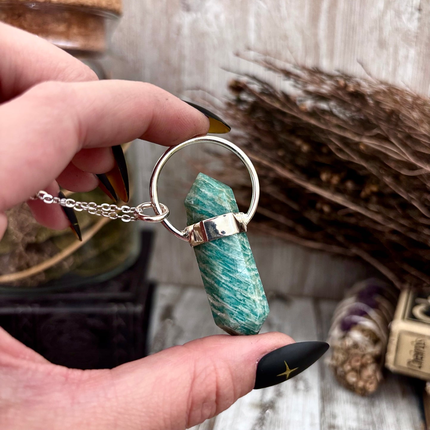 Amazonite Crystal Point Necklace in Sterling Silver, Blue Amazonite Pendant -Designed by FOXLARK Collection
