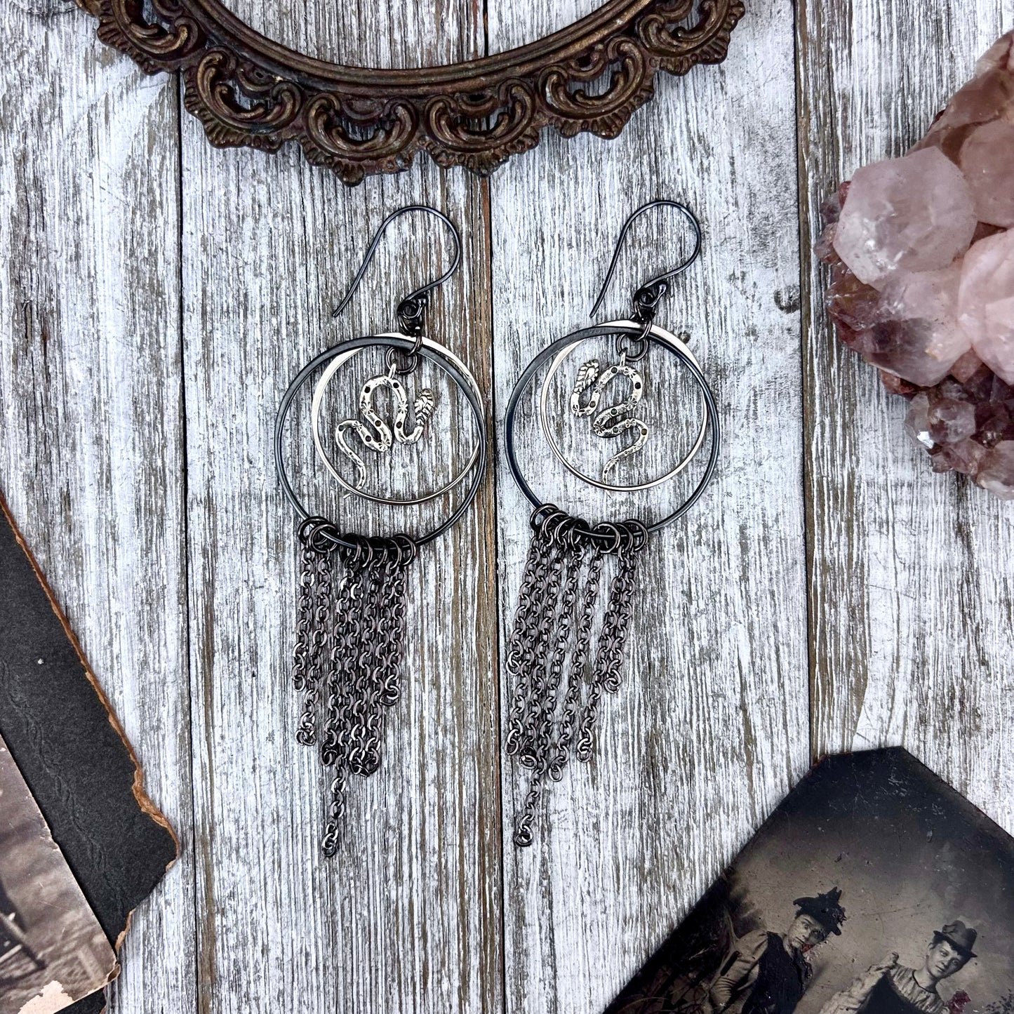 Sterling Silver Snake Hoop Fringe Earrings / Long Dangle Witchy Earrings