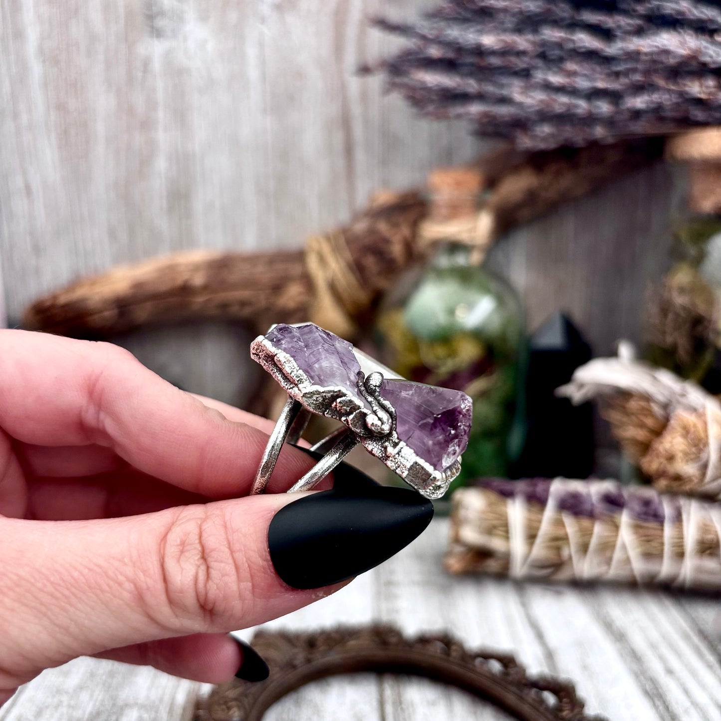 Three Stone Raw Amethyst Clear Quartz Ring In Silver Size 9.5 / Foxlark Collection