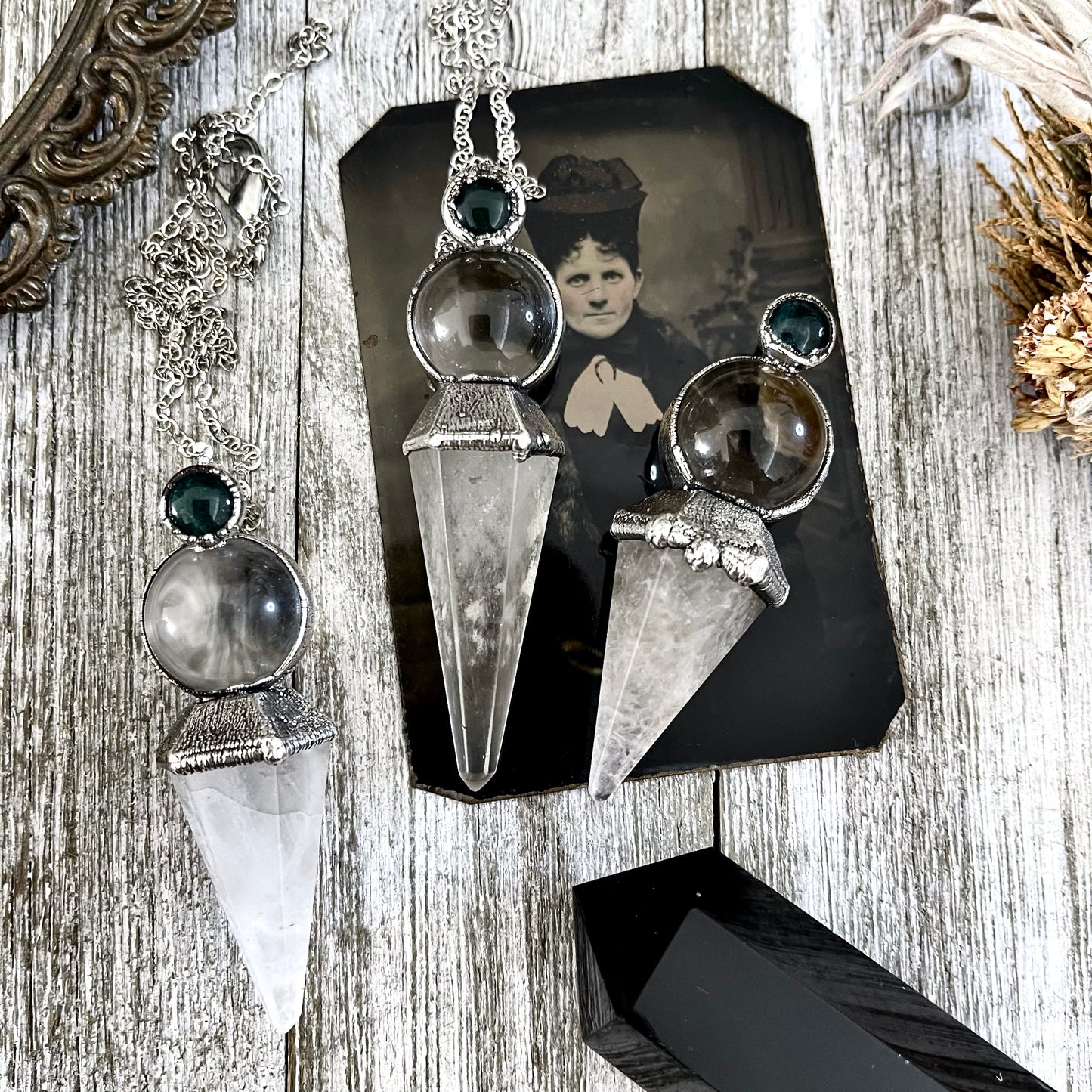 Clear Quartz Sphere Pendulum with Moss Agate Necklace Pendant in Fine Silver / Foxlark Collection