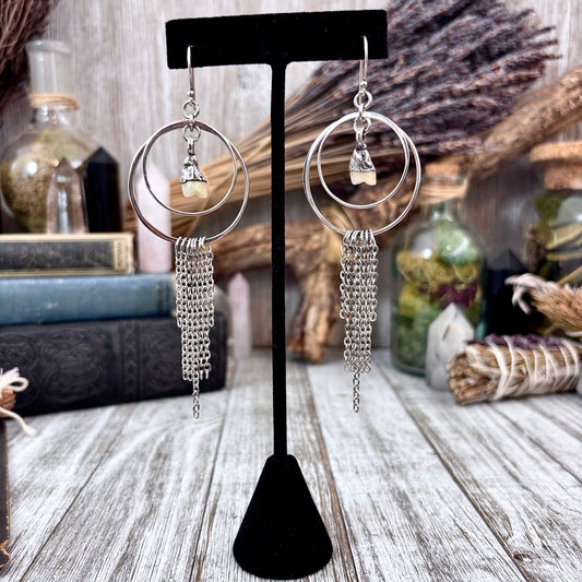 Sterling Silver Tooth Hoop Fringe Earrings / Long Dangle Witchy Earrings