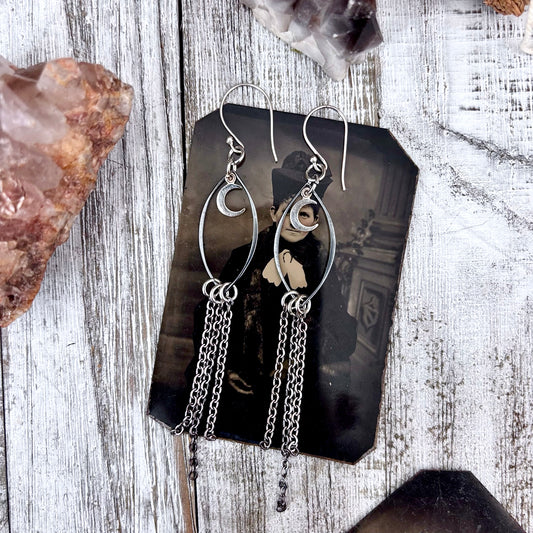 Sterling Silver Moon Hoop Fringe Earrings / Long Dangle Witchy Earrings