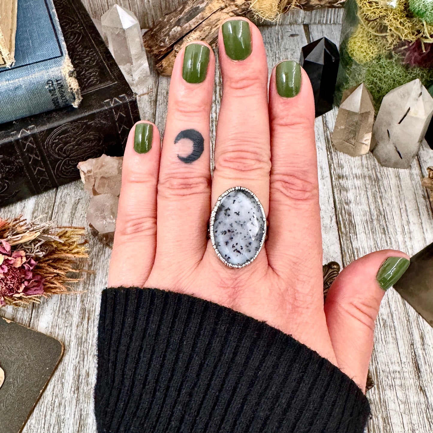 Dendritic Agate crystal ring in fine silver size 9 from FOXLARK collection, showcasing a unique natural stone setting.