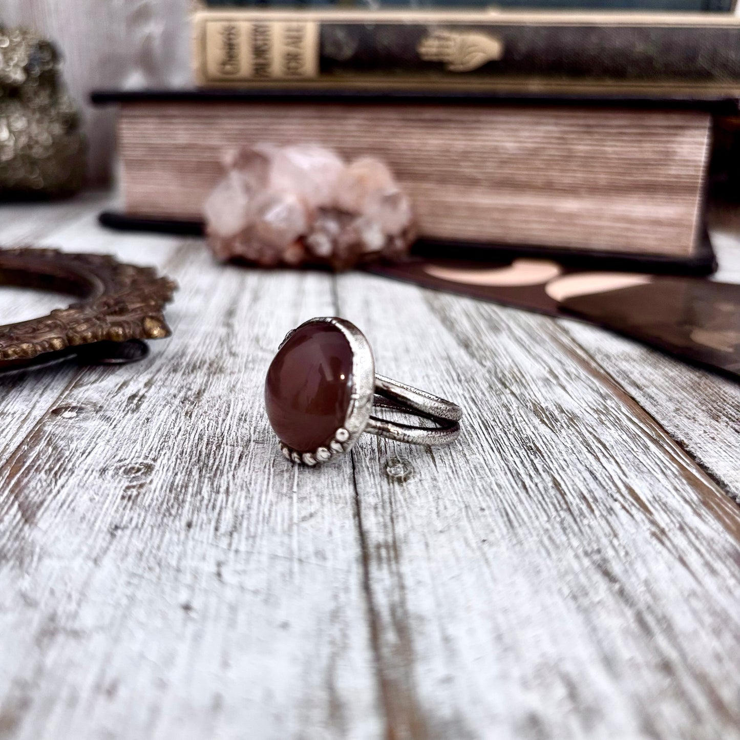 Peach Moonstone Crystal Ring Fine Silver Size 8 / Foxlark Collection - One of a Kind