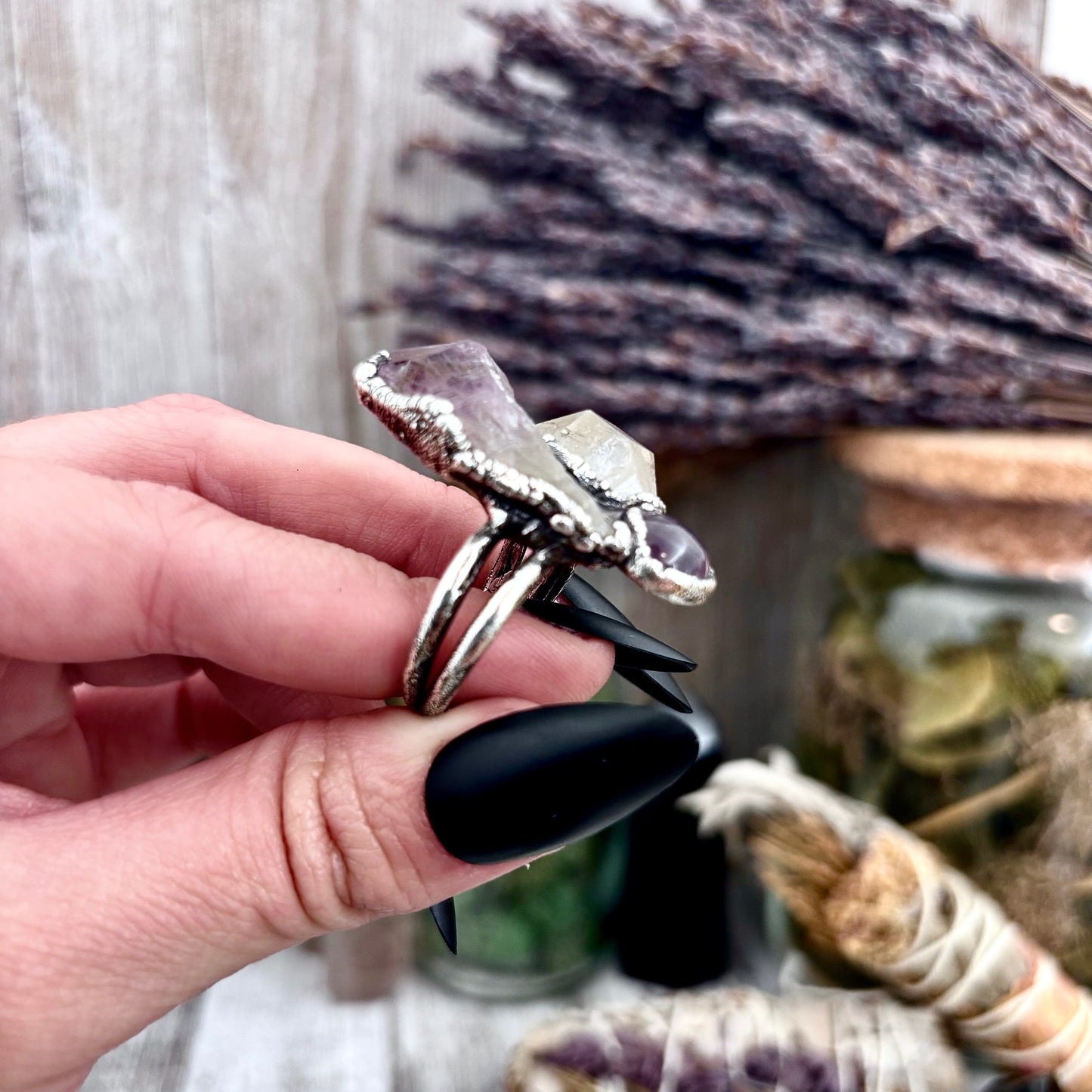 Three Stone Raw Amethyst Herkimer Diamond Ring In Silver Size 9 / Foxlark Collection