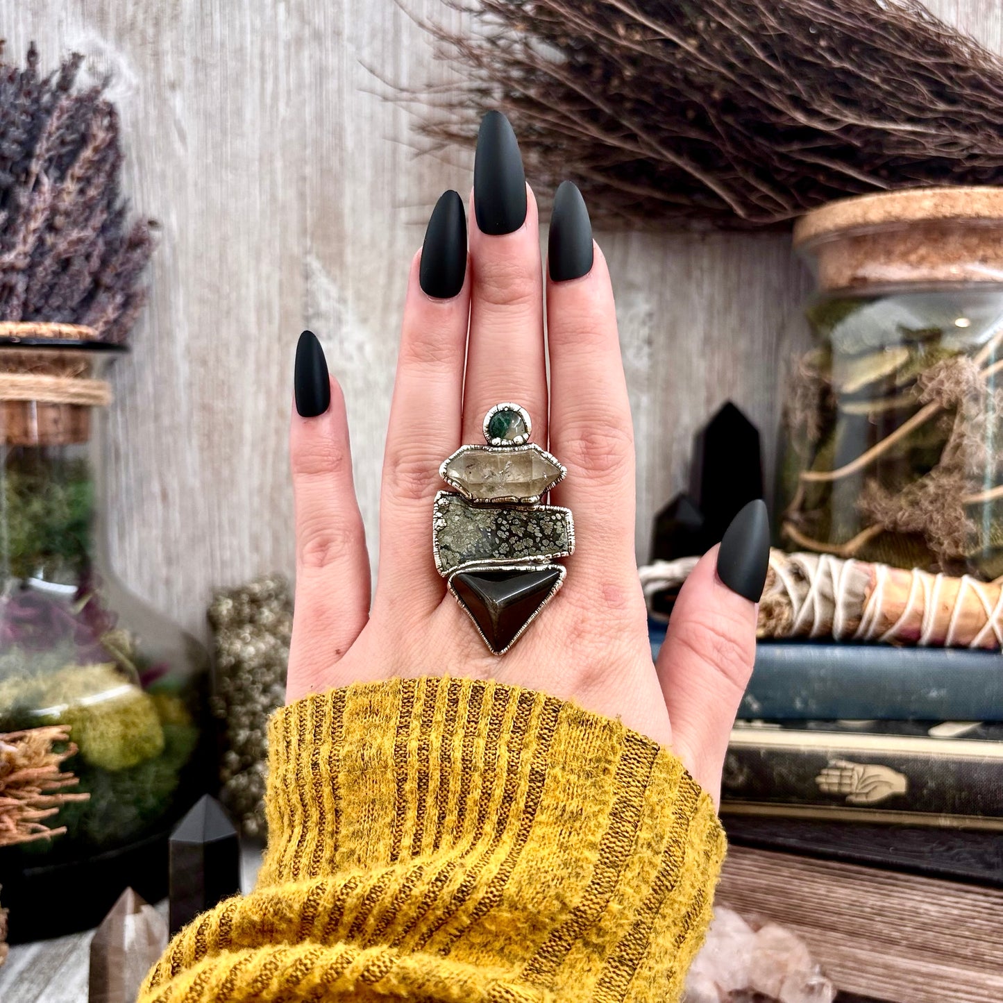 Multi Stone Obsidian Marcasite Clear Quartz Moss Agate Ring In Silver Size 8 / Foxlark Collection
