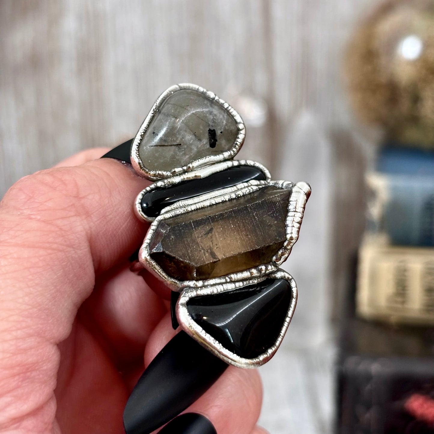 Multi Stone Obsidian Smoky Quartz Tourmaline Quartz Ring In Silver Size 9.5 / Foxlark Collection