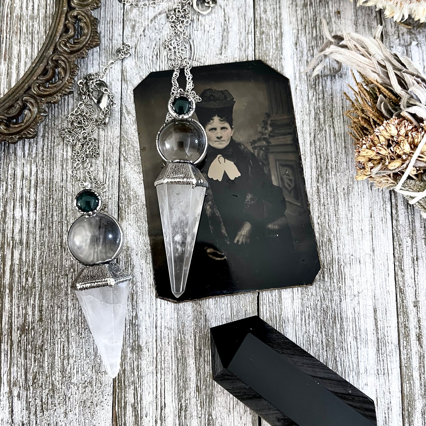 Clear Quartz Sphere Pendulum with Moss Agate Necklace Pendant in Fine Silver / Foxlark Collection