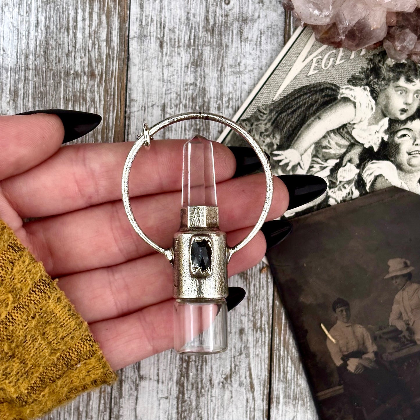 Clear Quartz and Blue Kyanite Crystal Necklace / Silver Rollerball Necklace