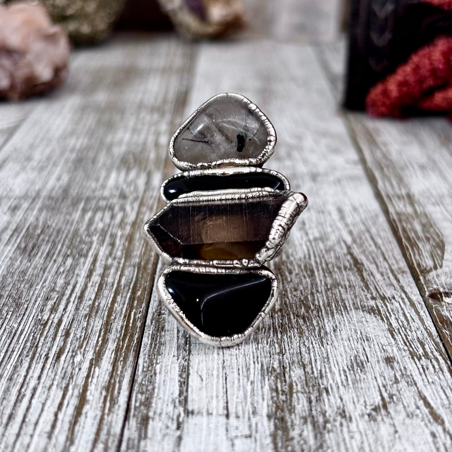 Multi Stone Obsidian Smoky Quartz Tourmaline Quartz Ring In Silver Size 9.5 / Foxlark Collection