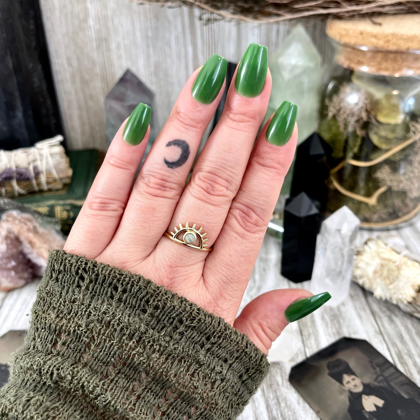 Dainty Third Eye Opal Ring Set in Brass Size 7 8 9 10