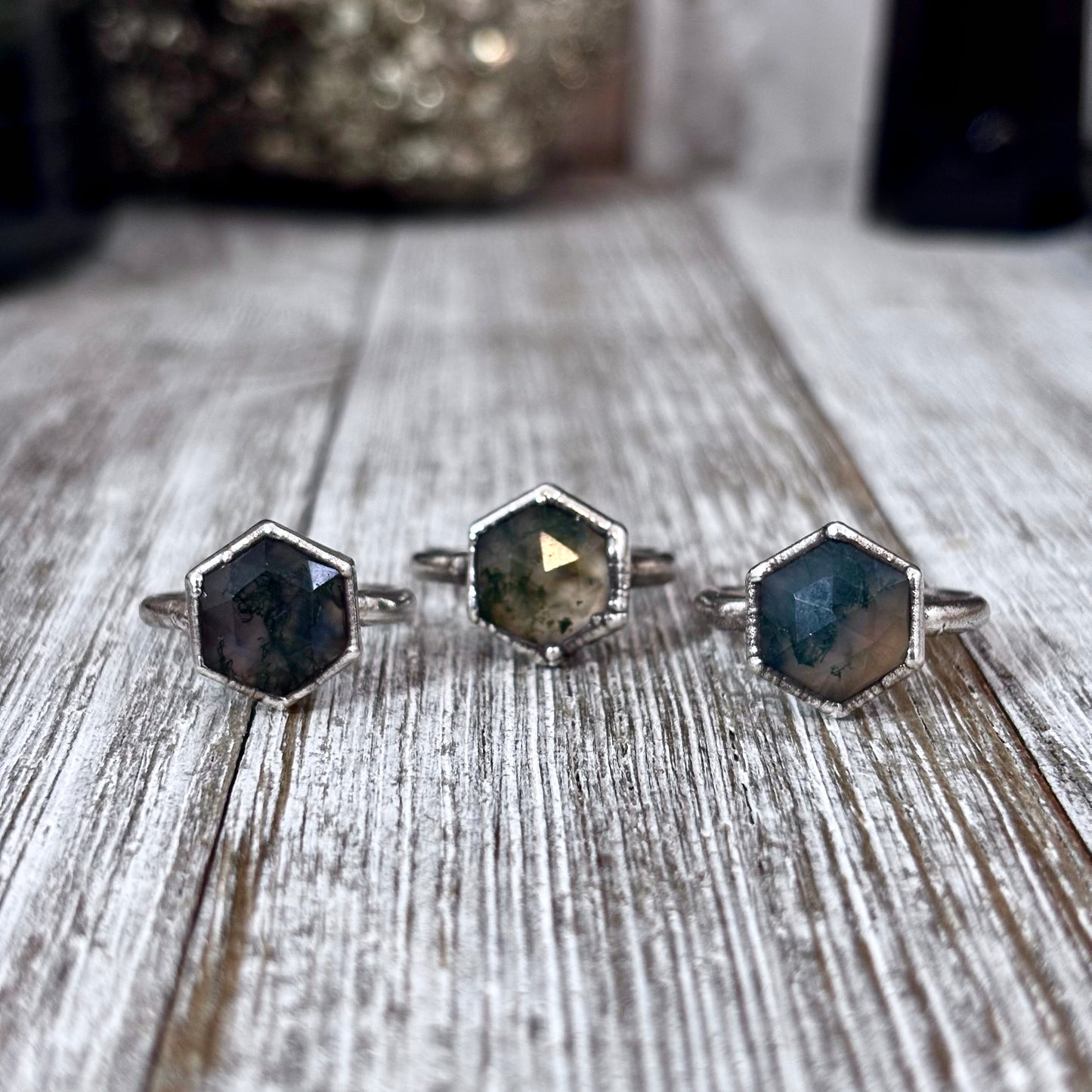 Moss Agate Ring Fine Silver Small Faceted Stone Ring Size 5 6 7 8 9 10 11 / Foxlark Collection