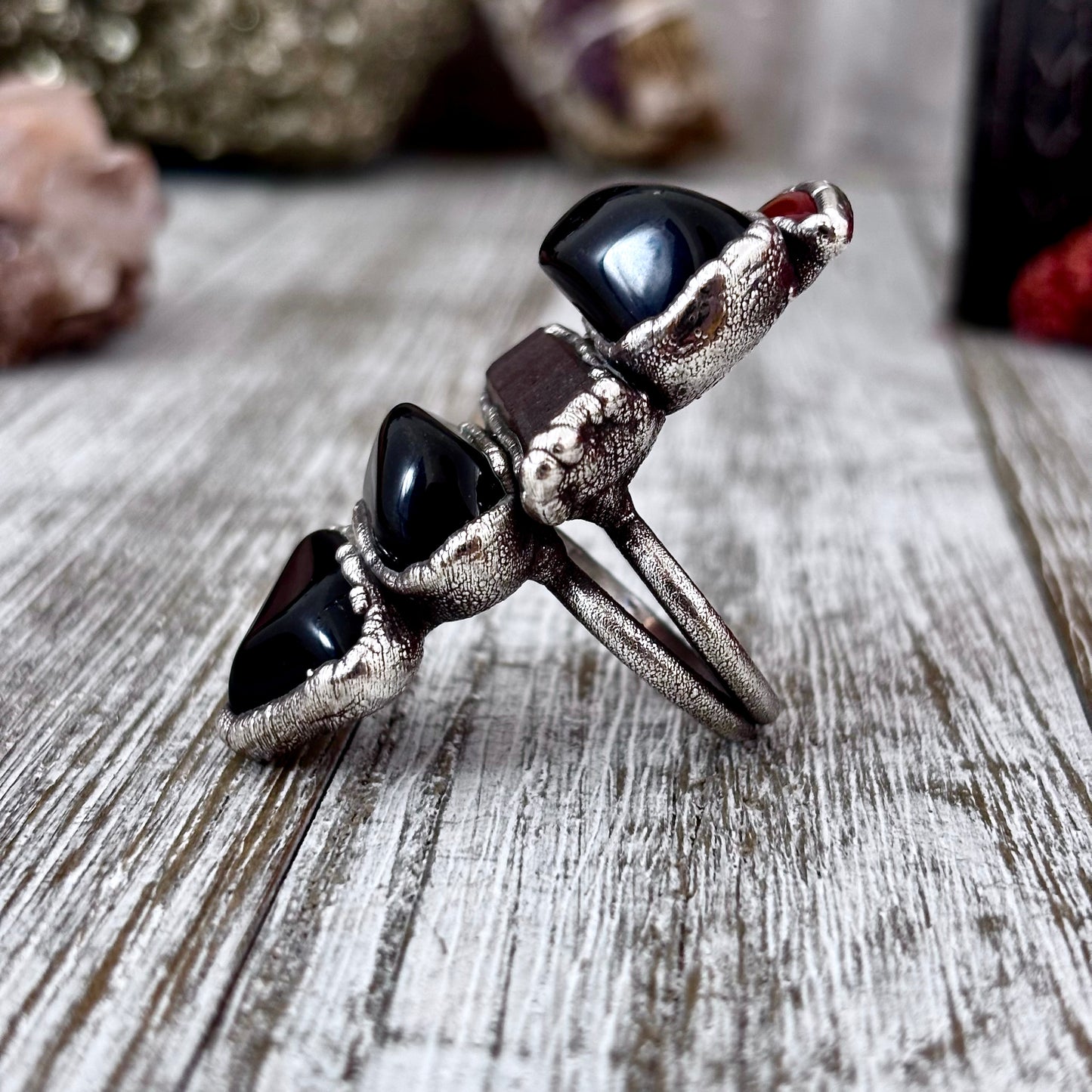 Multi Stone Obsidian Smoky Quartz Carnelian Ring In Silver Size 8 / Foxlark Collection