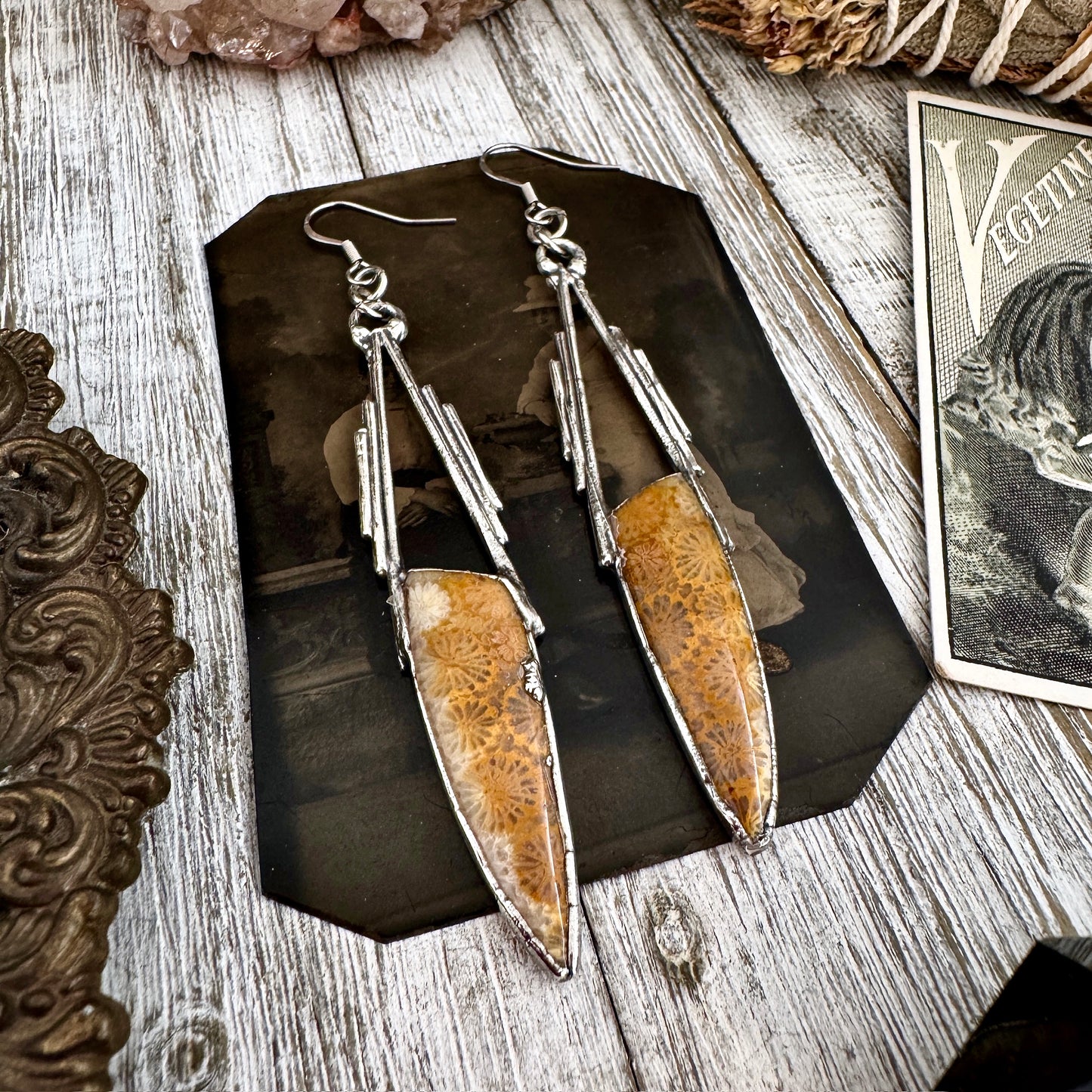 Fossilized Coral Fine Silver Crystal Earrings / Long Dangle Witchy Earrings
