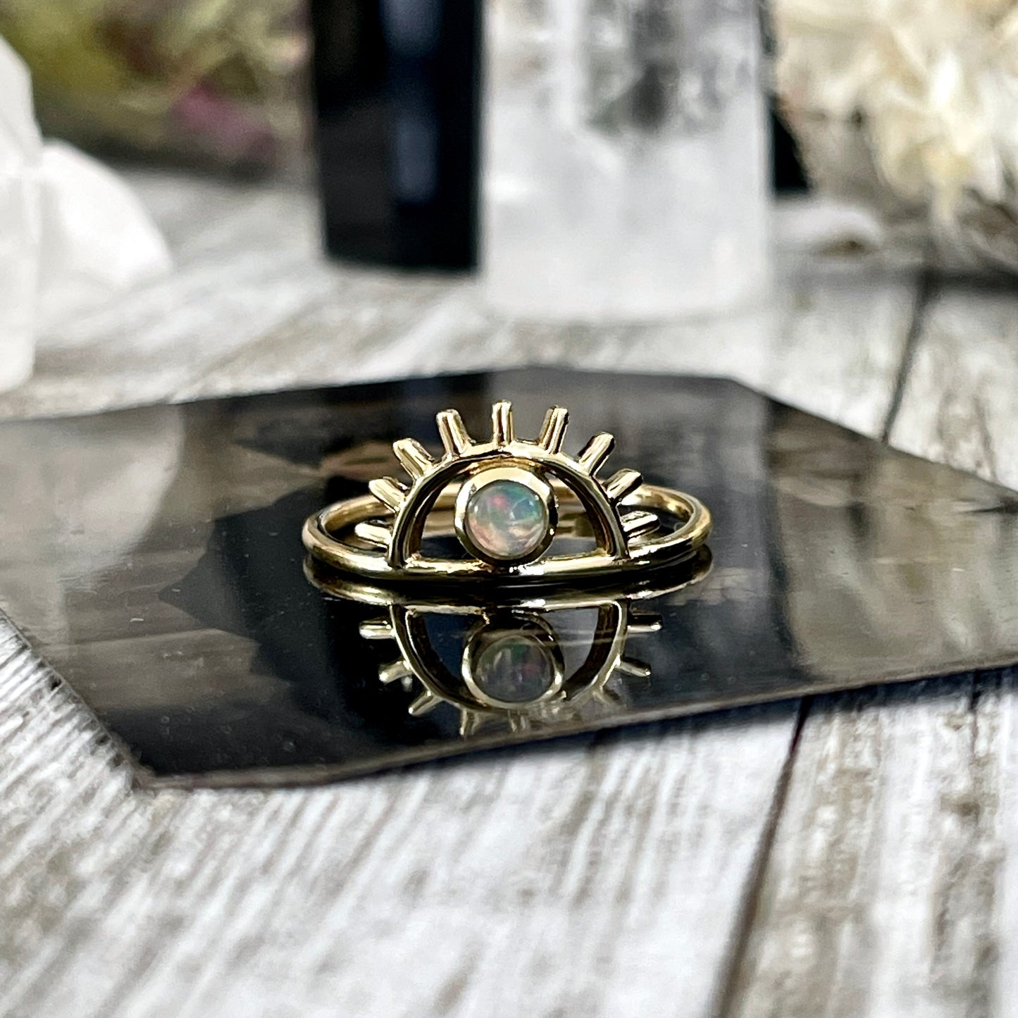 Dainty Third Eye Opal Ring Set in Brass Size 7 8 9 10