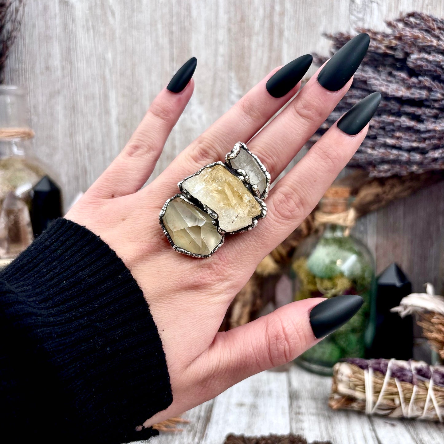 Three Stone Raw Citrine Clear Quartz Ring In Silver Size 9 / Foxlark Collection