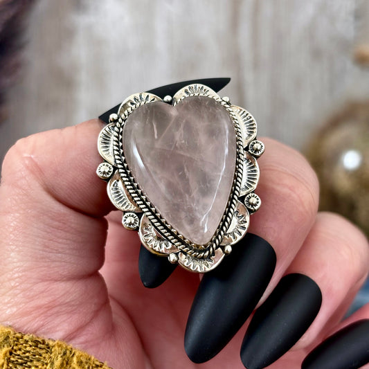 Rose Quartz Heart Crystal Statement Ring in Sterling Silver- Designed by FOXLARK Collection Adjusts to size 6,7,8,9, 10 / Gothic Jewelry
