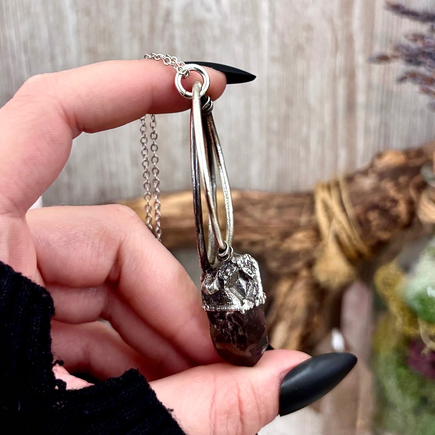 Raw smoky quartz crystal necklace by FOXLARK with a fine silver chain, showcasing a unique, natural gemstone pendant.