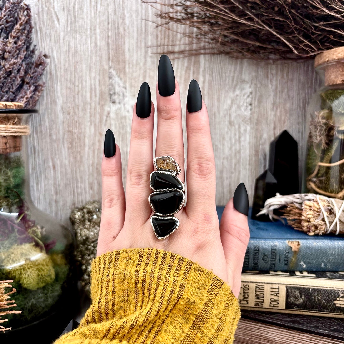 Multi Stone Black Obsidian Citrine Ring In Silver Size 7 / Foxlark Collection
