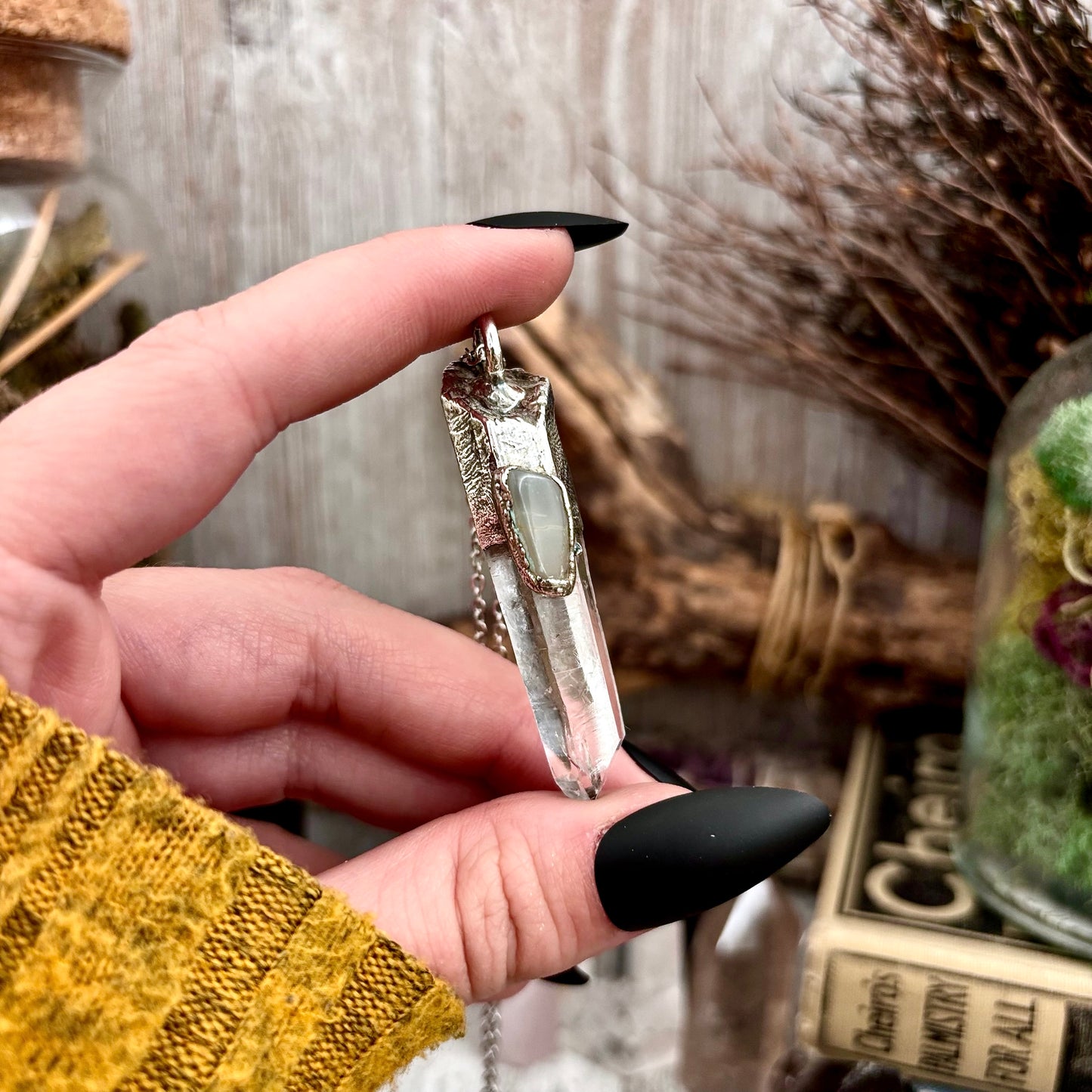 Clear Quartz & Peach Moonstone Crystal Statement Necklace in Fine Silver / Foxlark Collection - One of a Kind