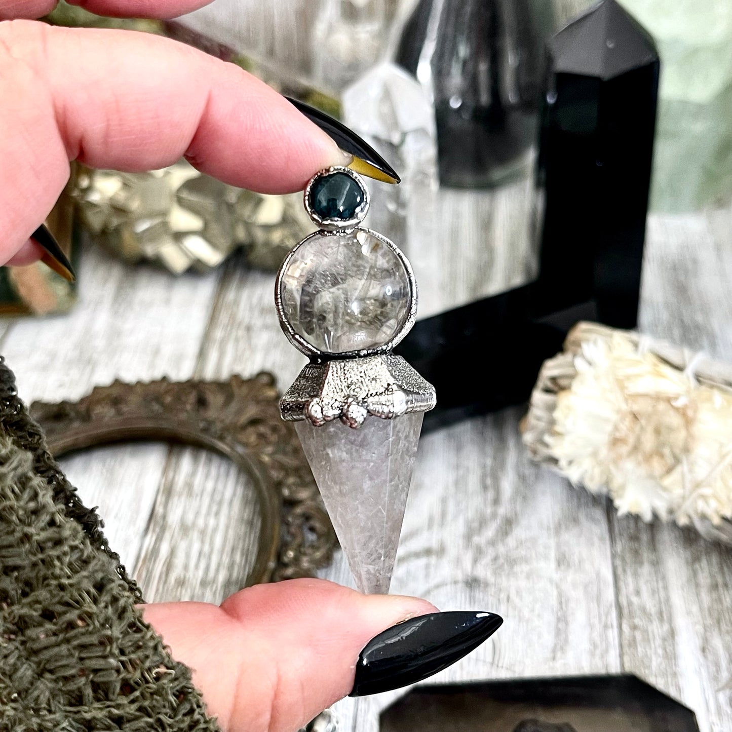 Clear Quartz Sphere Pendulum with Moss Agate Necklace Pendant in Fine Silver / Foxlark Collection