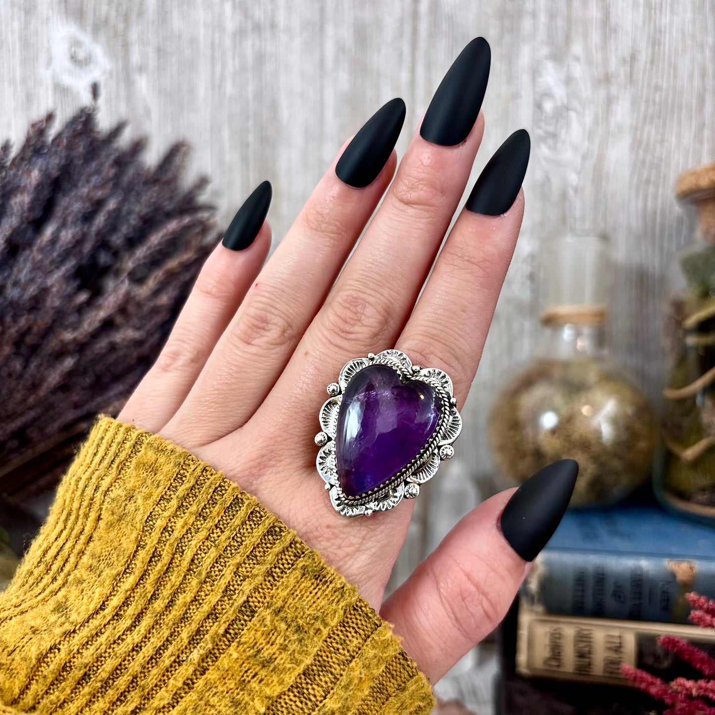 Amethyst Heart Crystal Statement Ring in Sterling Silver- Designed by FOXLARK Collection Adjusts to size 6,7,8,9, 10 / Gothic Jewelry