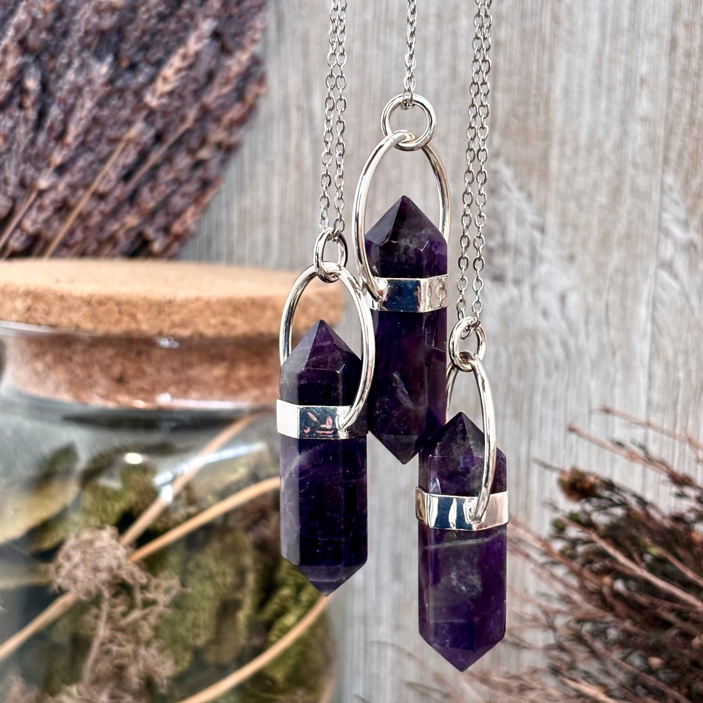 Amethyst Crystal Point Necklace in Sterling Silver, Purple Necklace -Designed by FOXLARK Collection