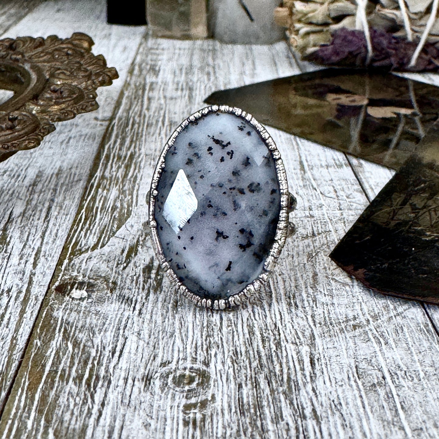 Dendritic Agate crystal ring by FOXLARK featuring fine silver band, size 9, one-of-a-kind design from FOXLARK RINGS collection