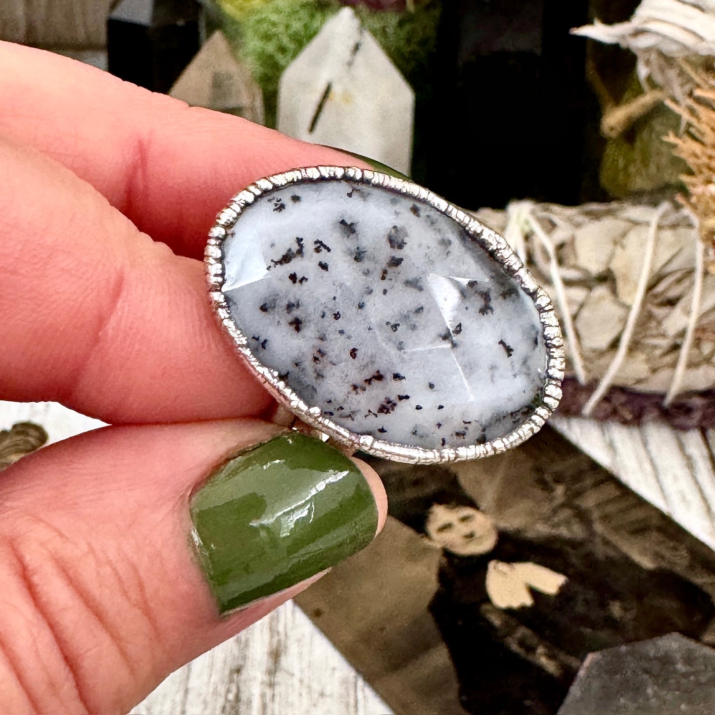Dendritic Agate crystal ring in fine silver, size 9, from FOXLARK's one-of-a-kind collection, showcasing intricate natural stone details.