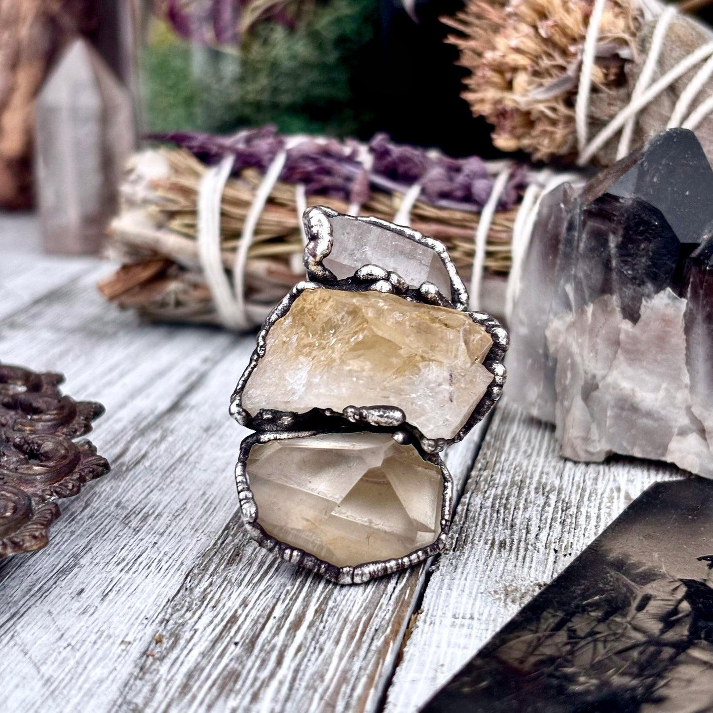 Three Stone Raw Citrine Clear Quartz Ring In Silver Size 9 / Foxlark Collection