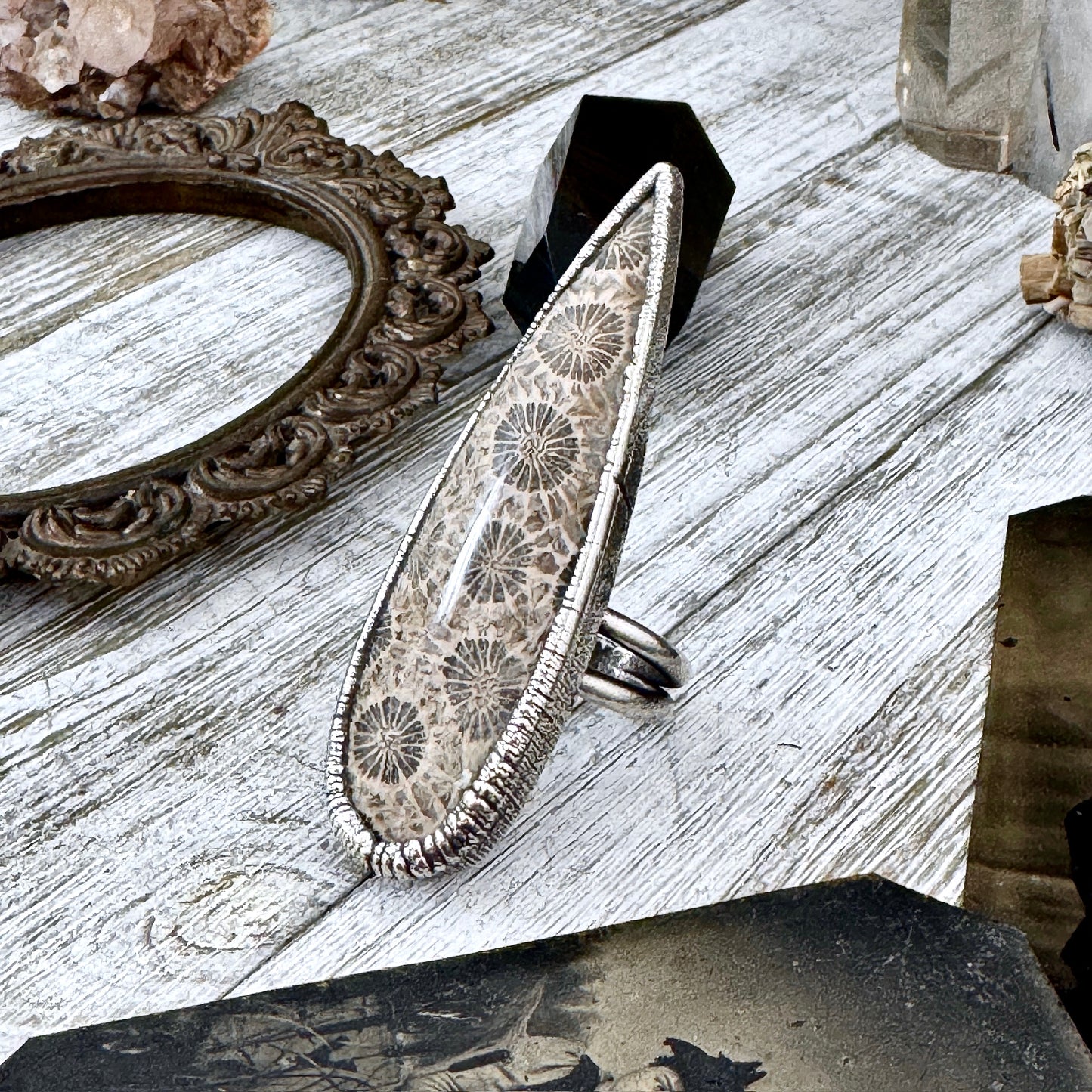 Fossilized coral crystal ring in fine silver by FOXLARK, size 9.5, showcasing a unique fossilized coral design on a silver band.