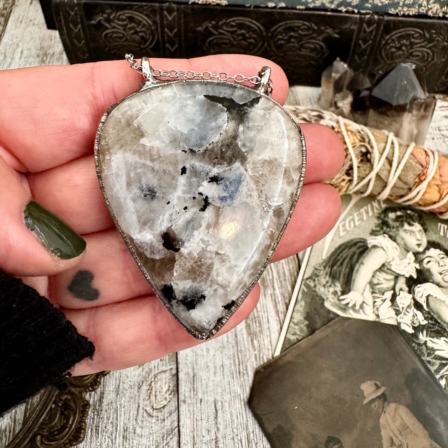 Big Rainbow Moonstone Necklace in Fine Silver / Foxlark Collection - One of a Kind