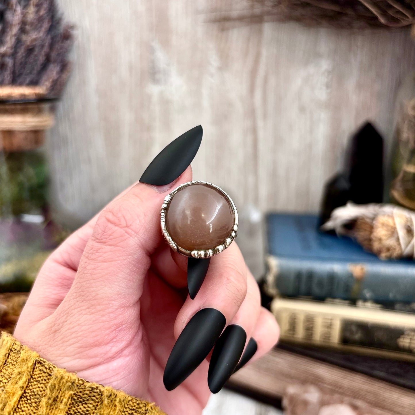 Peach Moonstone Crystal Ring Fine Silver Size 8 / Foxlark Collection - One of a Kind