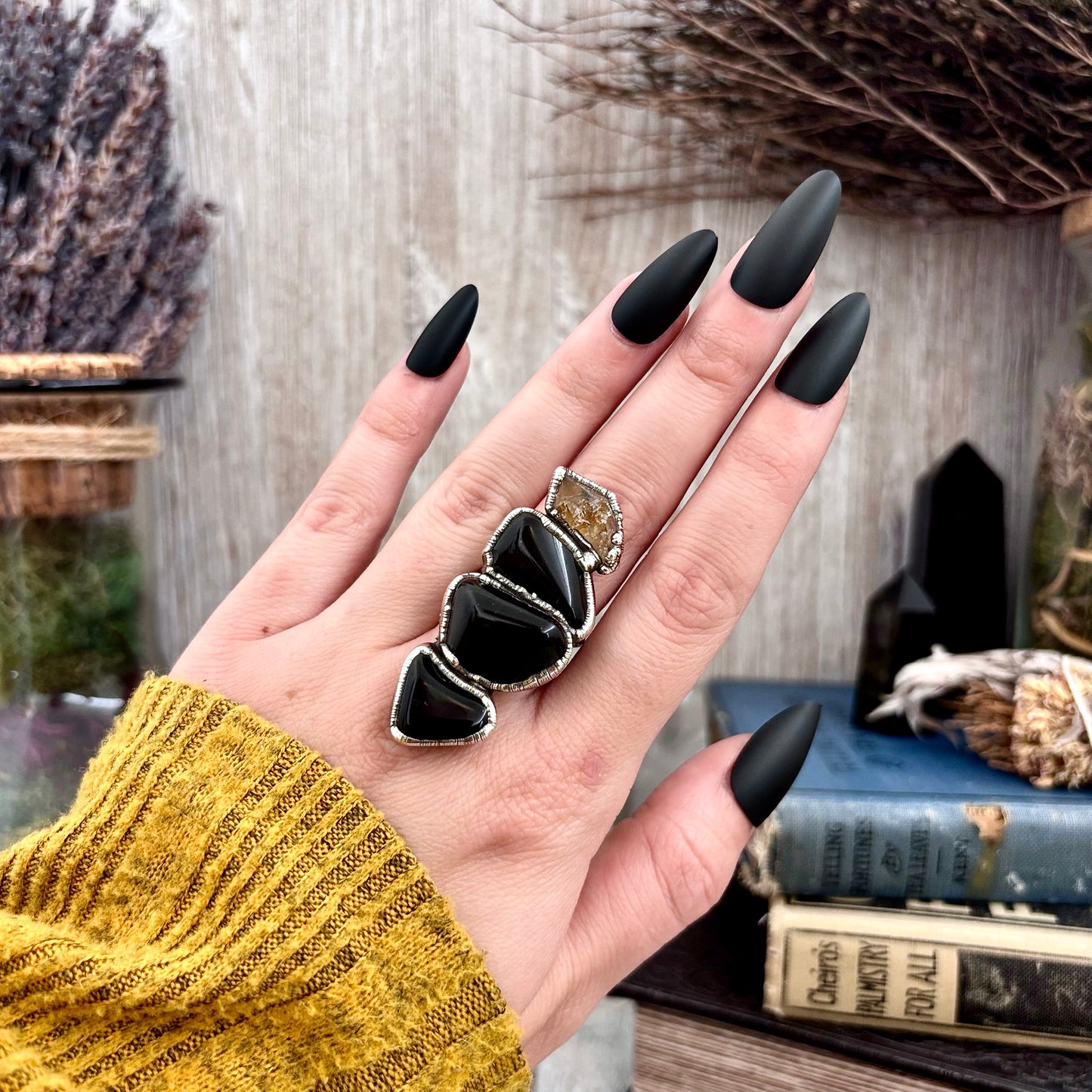 Multi Stone Black Obsidian Citrine Ring In Silver Size 7 / Foxlark Collection