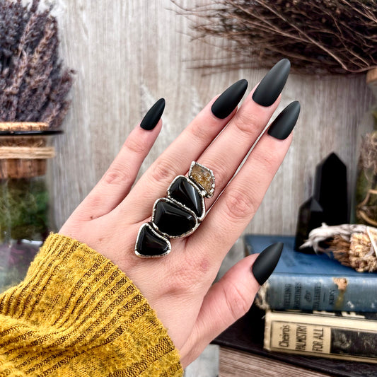 Multi Stone Black Obsidian Citrine  Ring In Silver Size 7 / Foxlark Collection