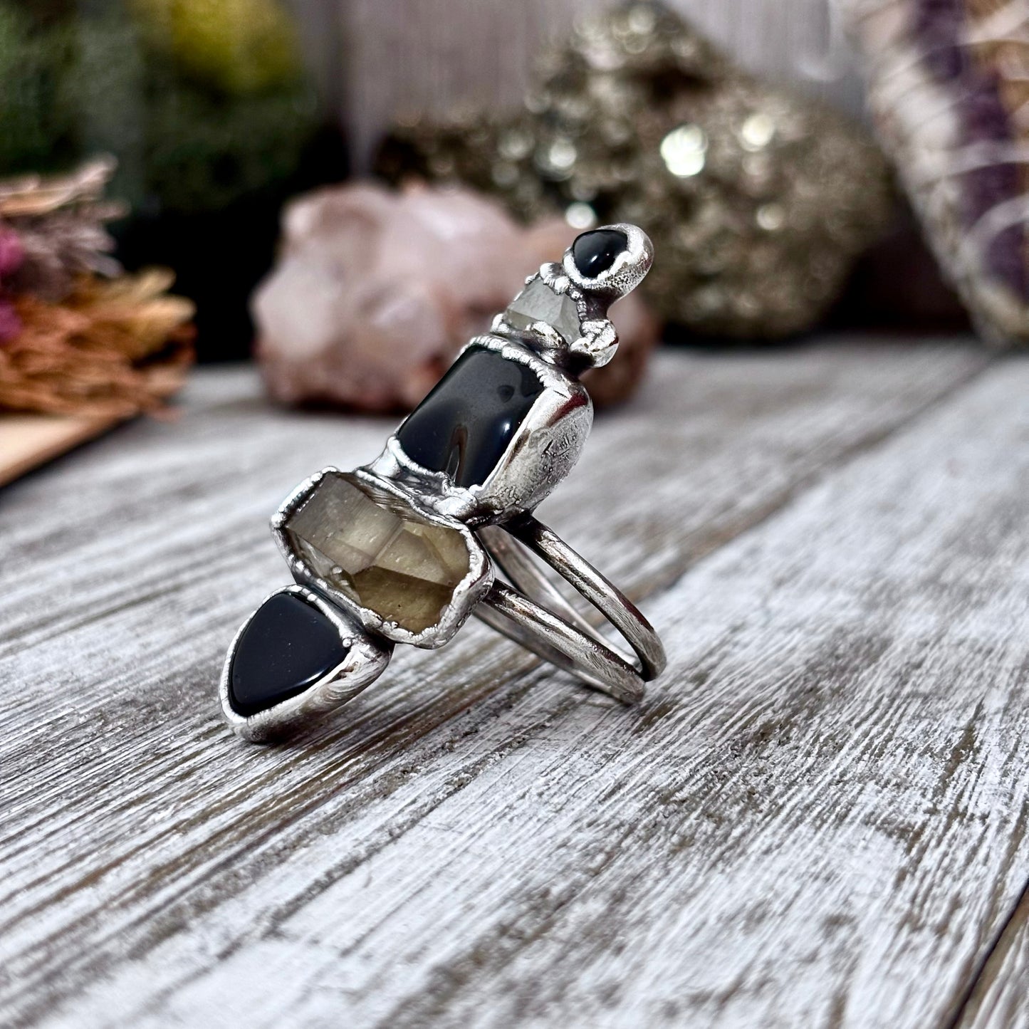 Multi Stone Obsidian Smoky Quartz Clear Quartz Ring In Silver Size 9 / Foxlark Collection