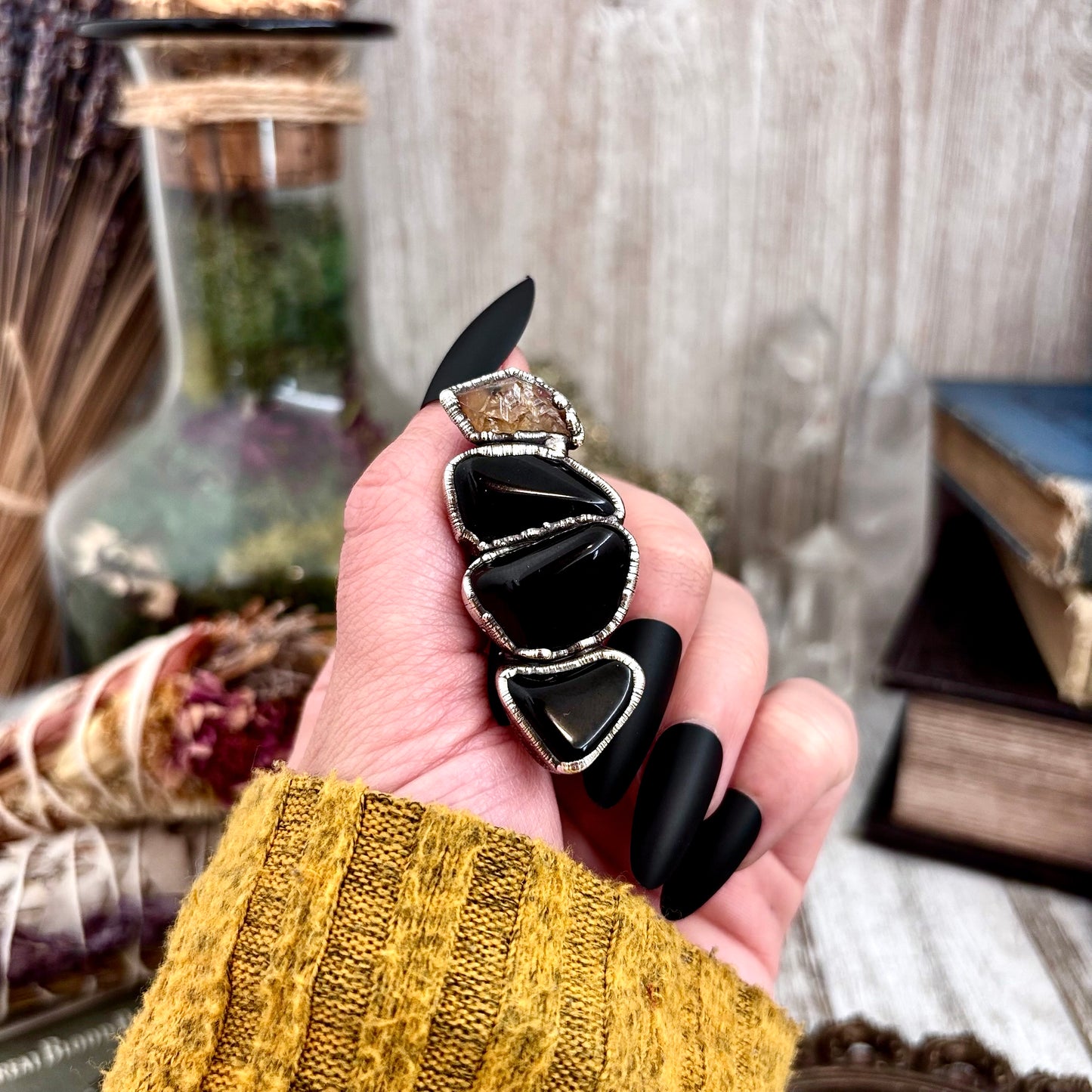 Multi Stone Black Obsidian Citrine Ring In Silver Size 7 / Foxlark Collection