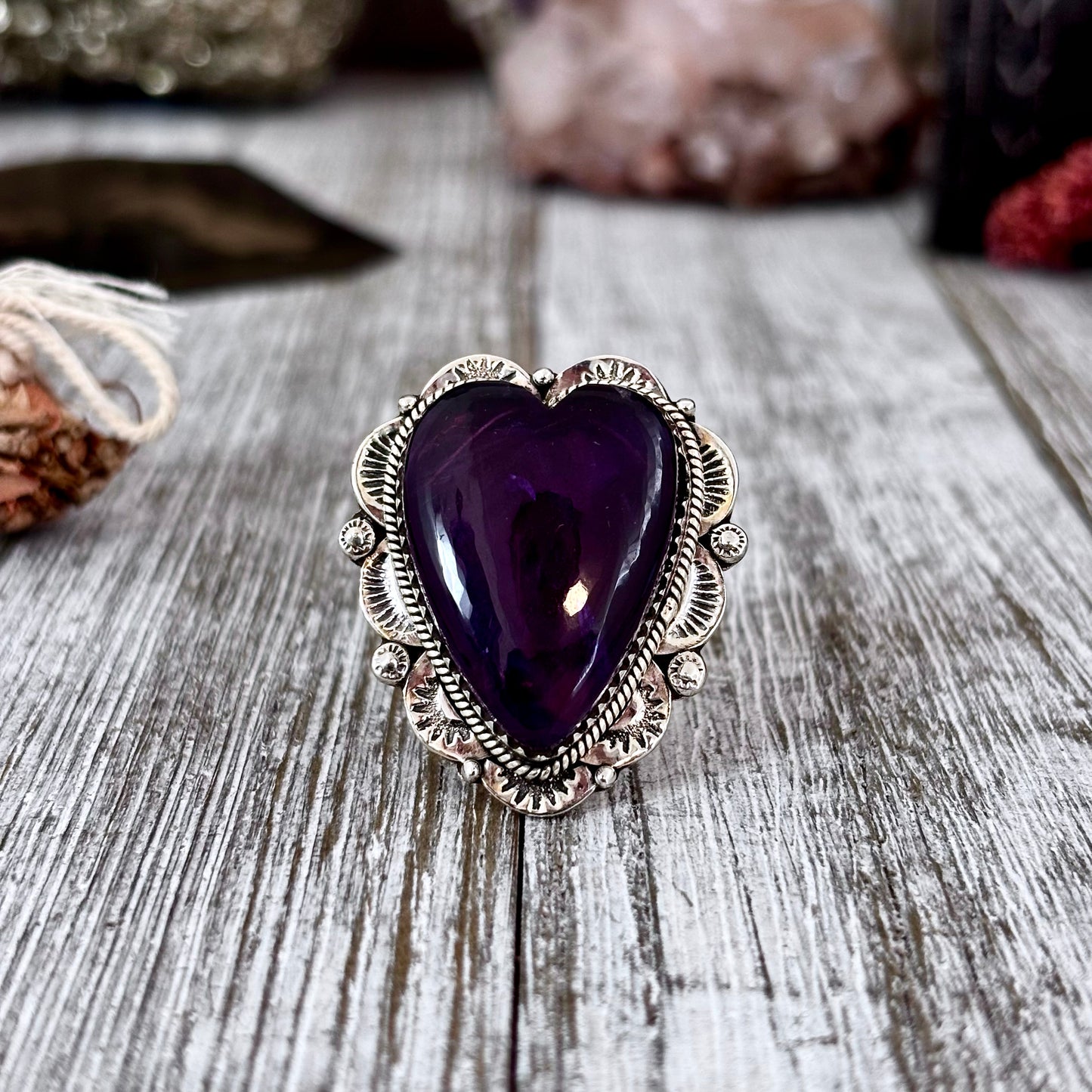 Amethyst Heart Crystal Statement Ring in Sterling Silver- Designed by FOXLARK Collection Adjusts to size 6,7,8,9, 10 / Gothic Jewelry