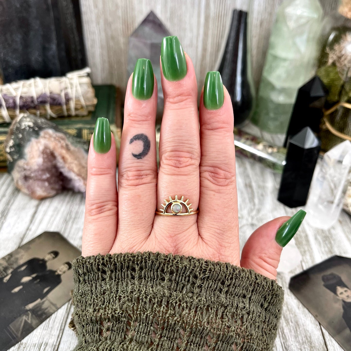 Dainty Third Eye Opal Ring Set in Brass Size 7 8 9 10