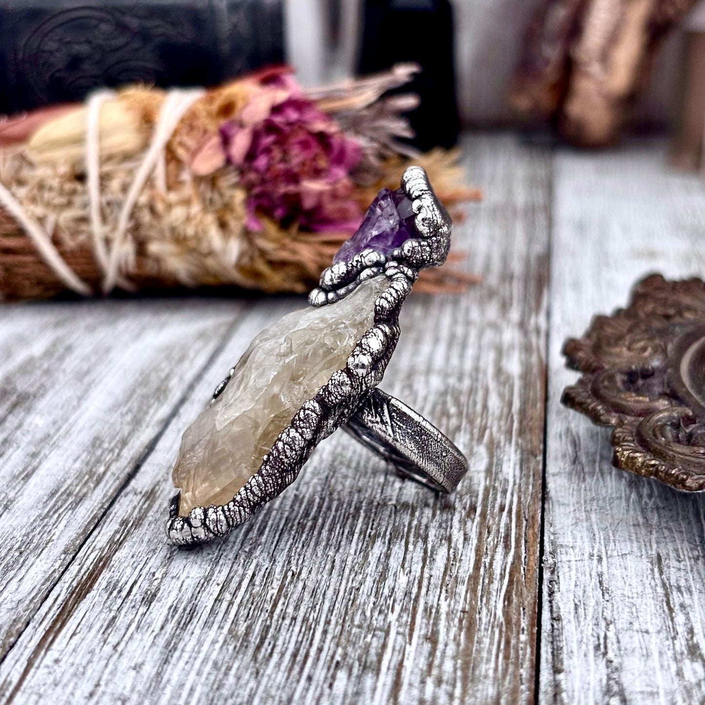 Two Stone Raw Amethyst and Citrine Ring in Fine Silver Size 7.5 / Foxlark Collection - One of a Kind