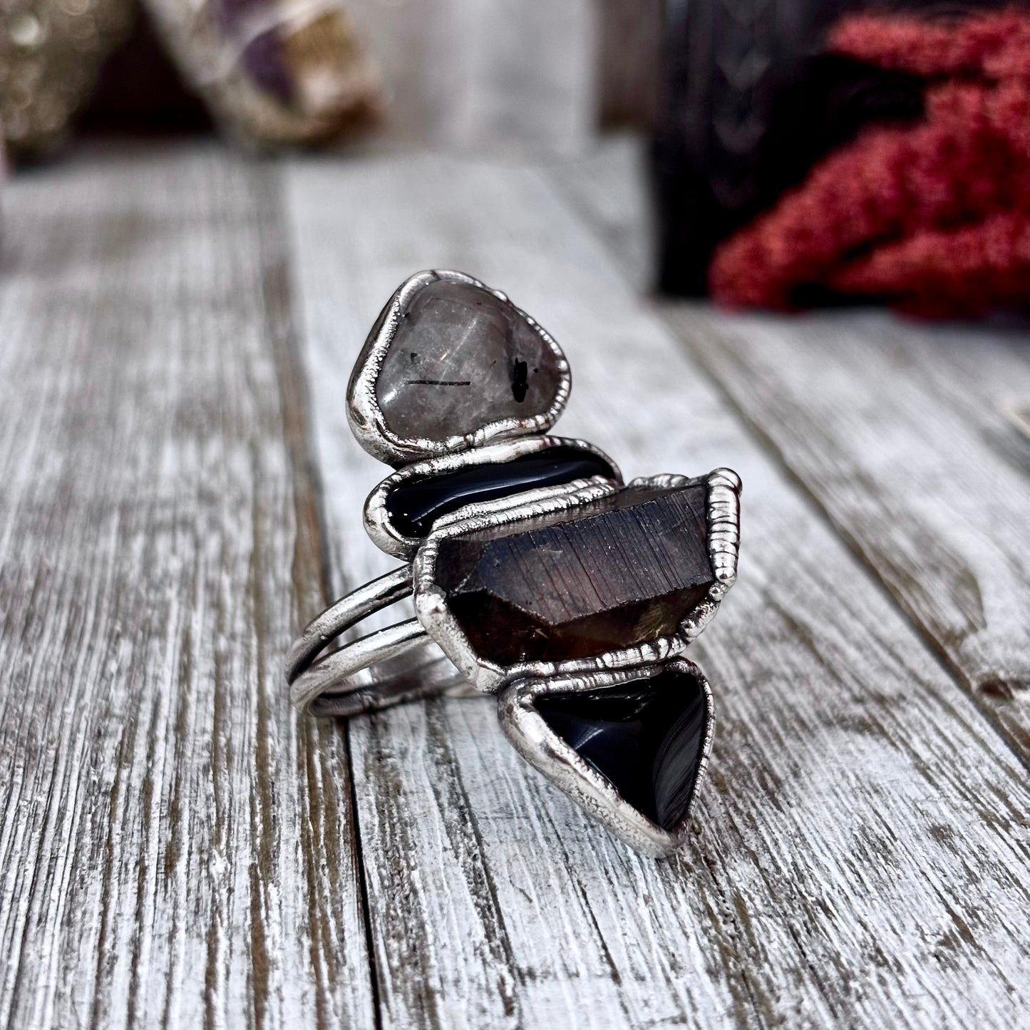 Multi Stone Obsidian Smoky Quartz Tourmaline Quartz Ring In Silver Size 9.5 / Foxlark Collection