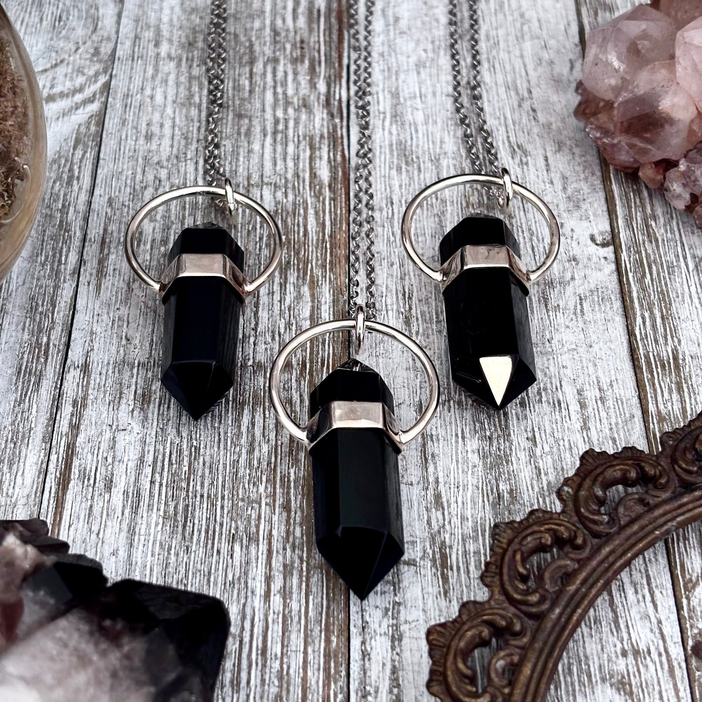 Black Onyx Crystal Point Necklace in Sterling Silver -Designed by FOXLARK Collection / Witchy Necklace Goth Jewelry