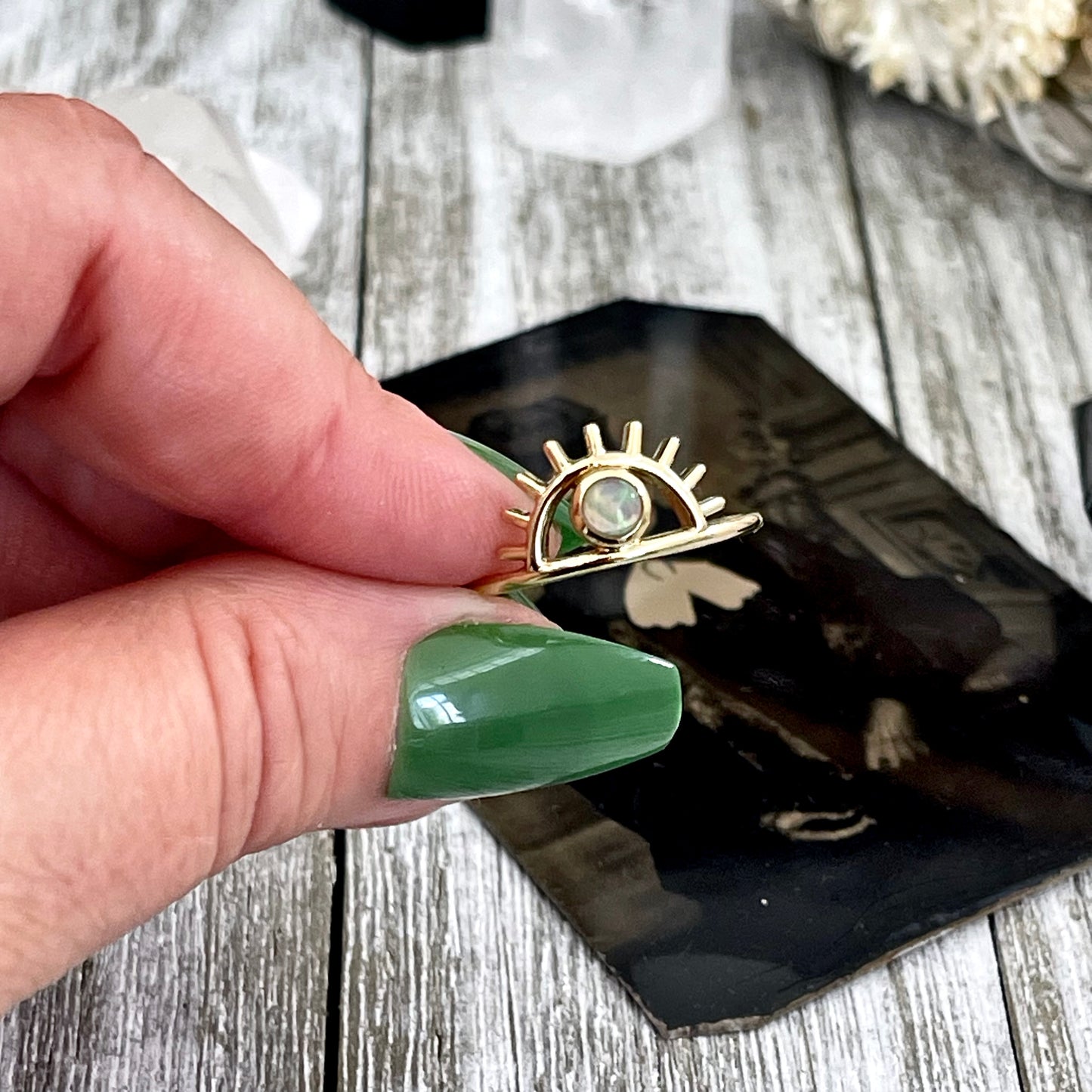 Dainty Third Eye Opal Ring Set in Brass Size 7 8 9 10