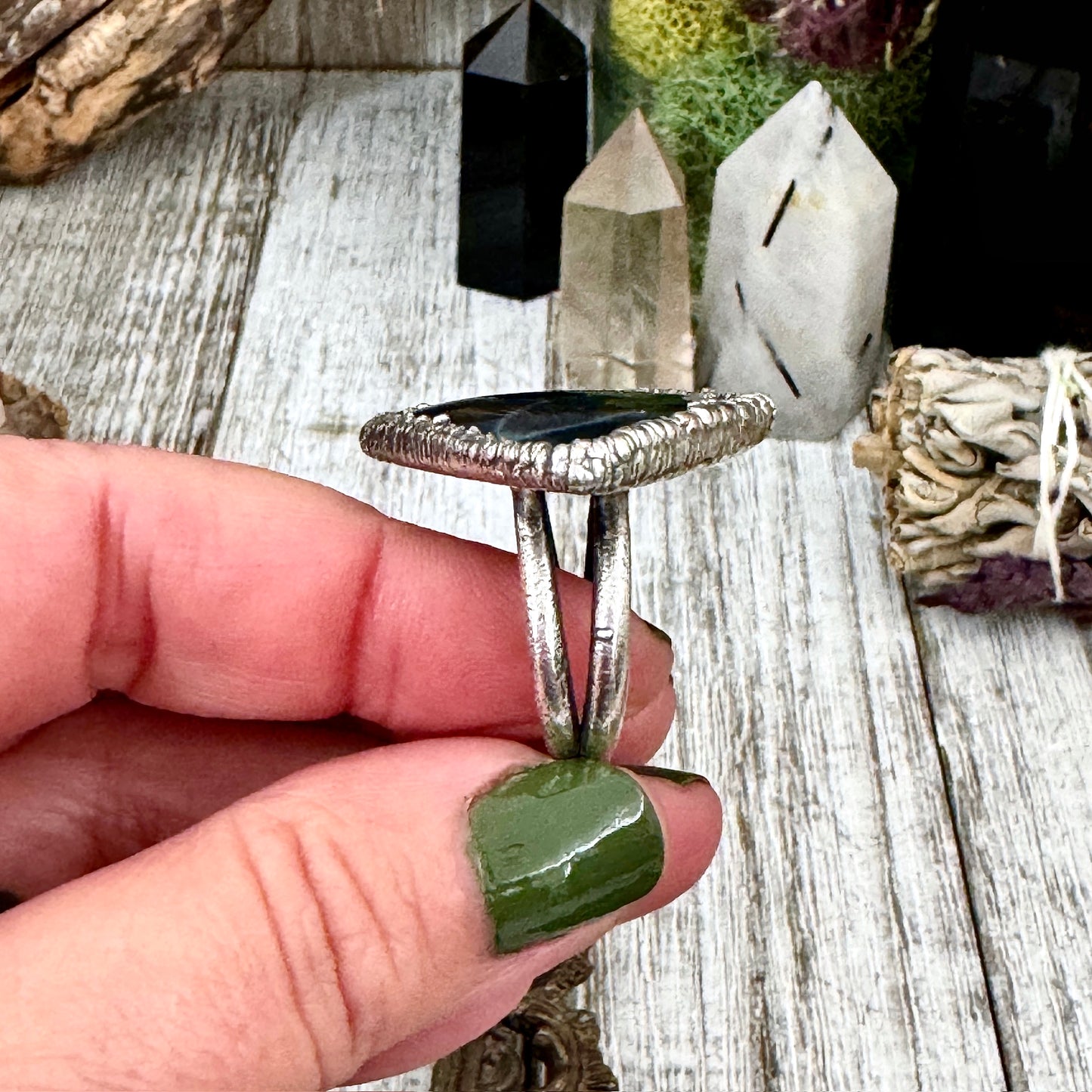 Spiderweb Obsidian Crystal Ring Fine Silver Size 8.5 / Foxlark Collection - One of a Kind